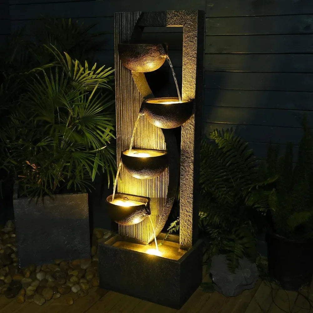 Outdoor Cascading Bowl Waterfall Fountain 49.2 Inches Tall with LED Lights Pump and Natural Stones for Garden - Wild Paw Outdoors