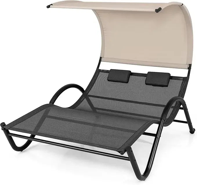 2 Person Lounge Chair with Canopy Outdoor Chaise Lounge with 2 Detachable Pillows UPF50 Plus Large Double Patio Hammock Sunbed Chair - Wild Paw Outdoors