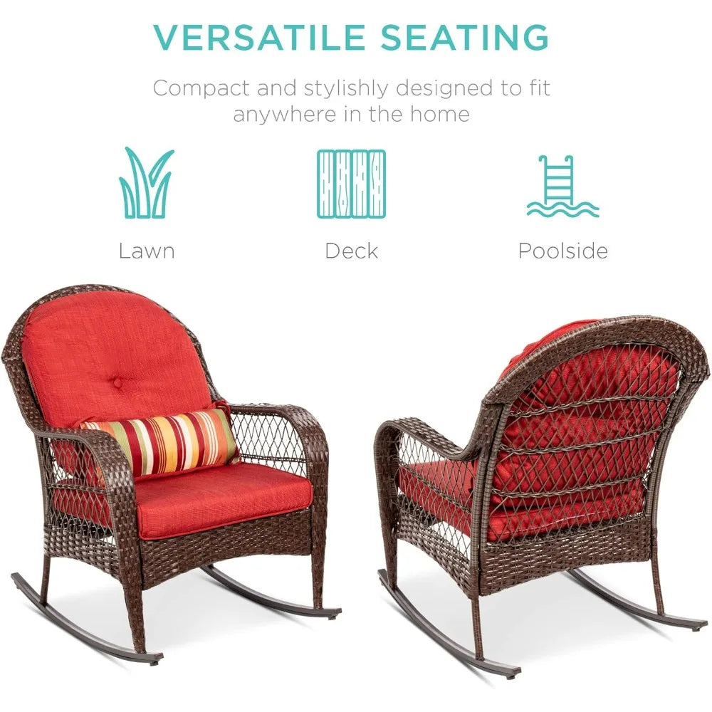 Outdoor Wicker Patio Rocking Chair for Porch Deck Poolside with Steel Frame and Weather-Resistant Cushions in Red - Wild Paw Outdoors