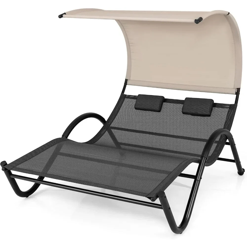 2 Person Lounge Chair with Canopy Outdoor Chaise Lounge with 2 Detachable Pillows UPF50 Plus Large Double Patio Hammock Sunbed Chair - Wild Paw Outdoors