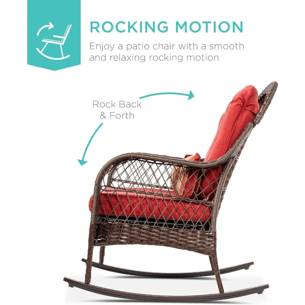Outdoor Wicker Patio Rocking Chair for Porch Deck Poolside with Steel Frame and Weather-Resistant Cushions in Red - Wild Paw Outdoors