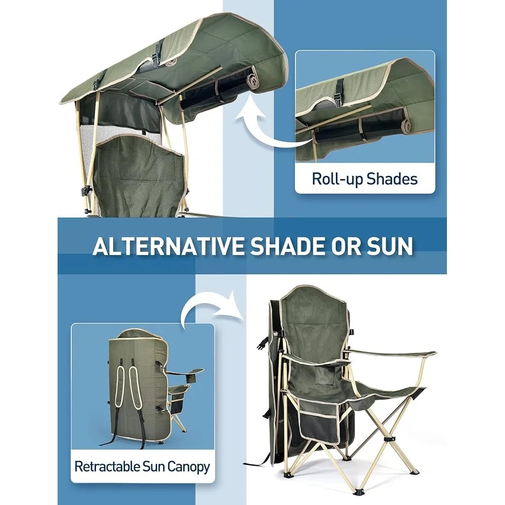 Folding Beach Chair with Canopy Shade Camping Chair Cup Holder Side Pocket Adjustable Sun Protection Support 330 lbs Heavy Duty - Wild Paw Outdoors