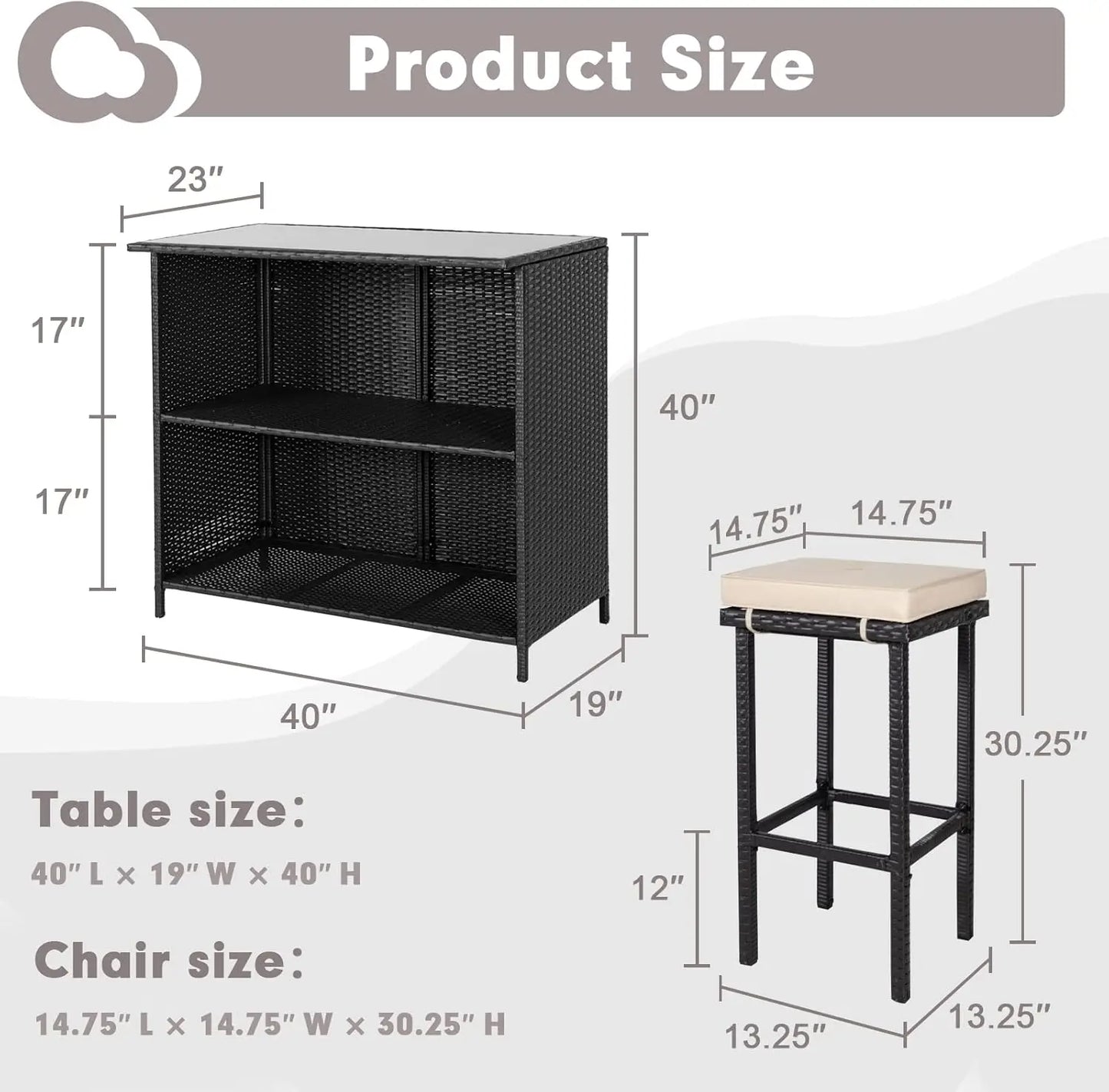3 Piece Wicker Patio Outdoor Bar Set with 2 Stools and 1 Glass Top Table for Deck Lawn and Backyard - Wild Paw Outdoors
