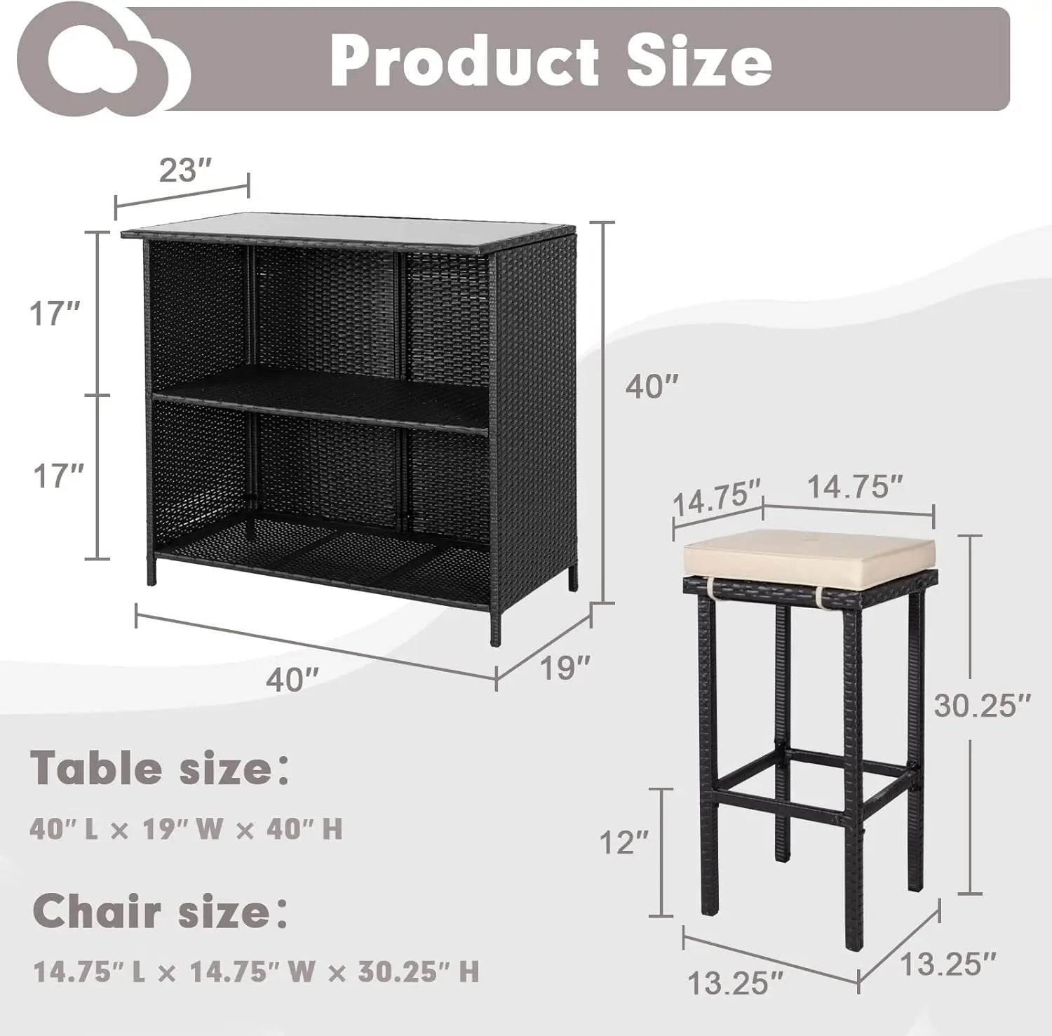 3 Piece Wicker Patio Outdoor Bar Set with 2 Stools and 1 Glass Top Table for Deck Lawn and Backyard - Wild Paw Outdoors