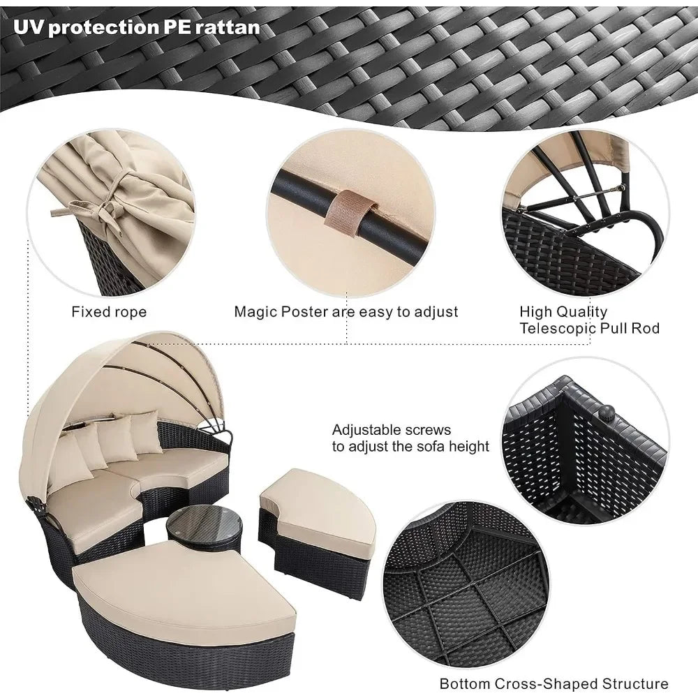 Patio Furniture Round Daybed with Retractable Canopy Outdoor Wicker Rattan Sectional Sofa Set Garden Furniture Sets - Wild Paw Outdoors
