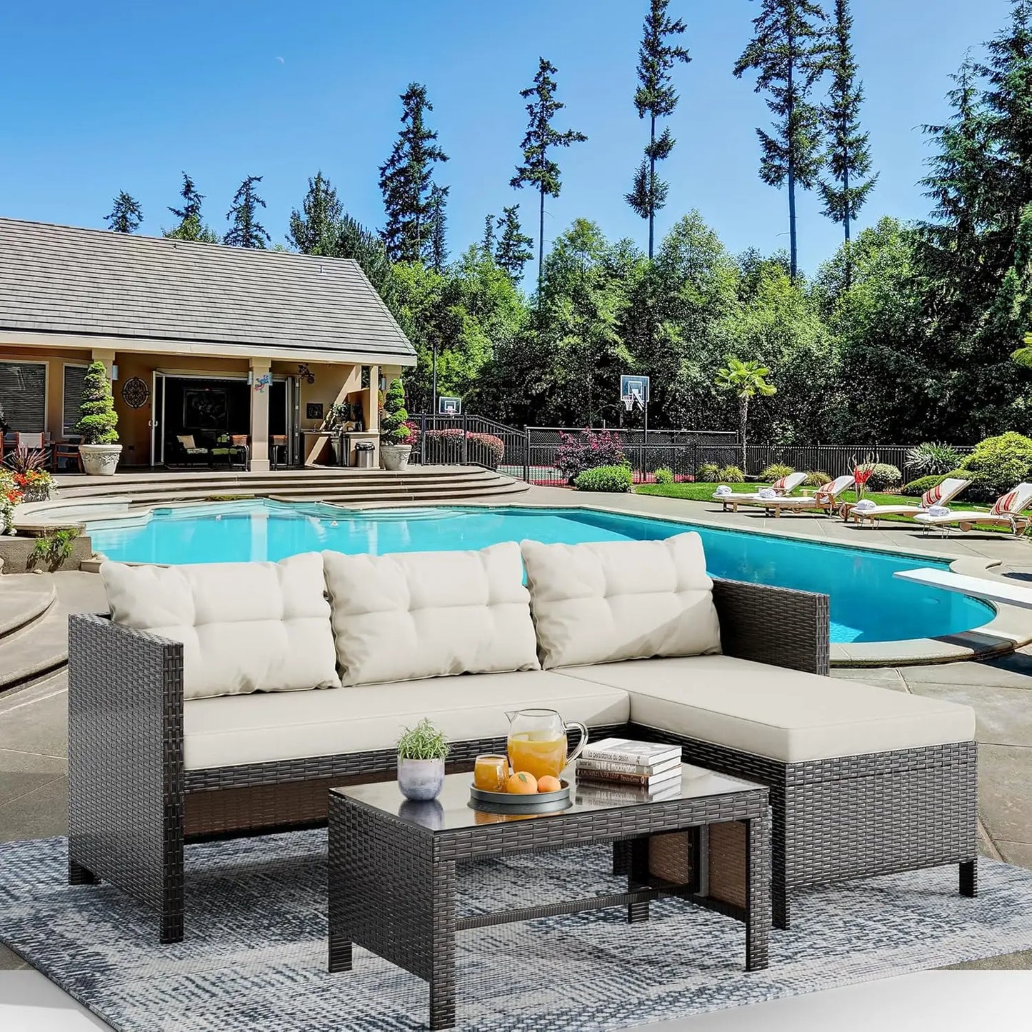 Outdoor Patio Furniture 3 Piece Waterproof Outdoor Sectional Sofa All Weather L Shaped Patio Couch with Cushion Glass Table - Wild Paw Outdoors