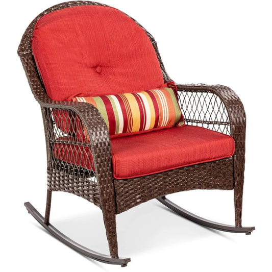 Outdoor Wicker Patio Rocking Chair for Porch Deck Poolside with Steel Frame and Weather-Resistant Cushions in Red - Wild Paw Outdoors
