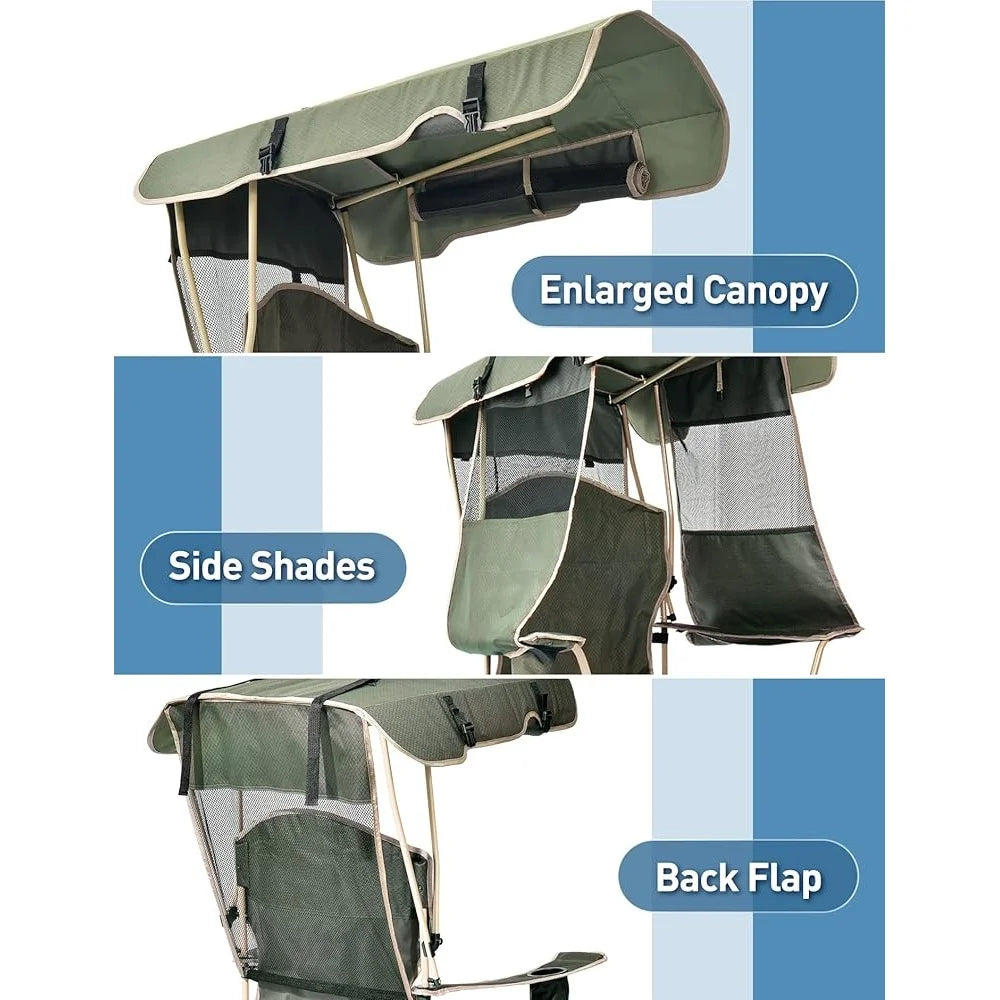 Folding Beach Chair with Canopy Shade Camping Chair Cup Holder Side Pocket Adjustable Sun Protection Support 330 lbs Heavy Duty - Wild Paw Outdoors