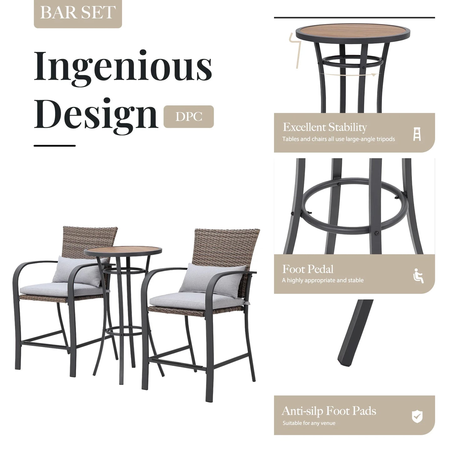 Naga Bahna 3 Piece Patio Bar Set Outdoor Cushions Rattan - Wild Paw Outdoors