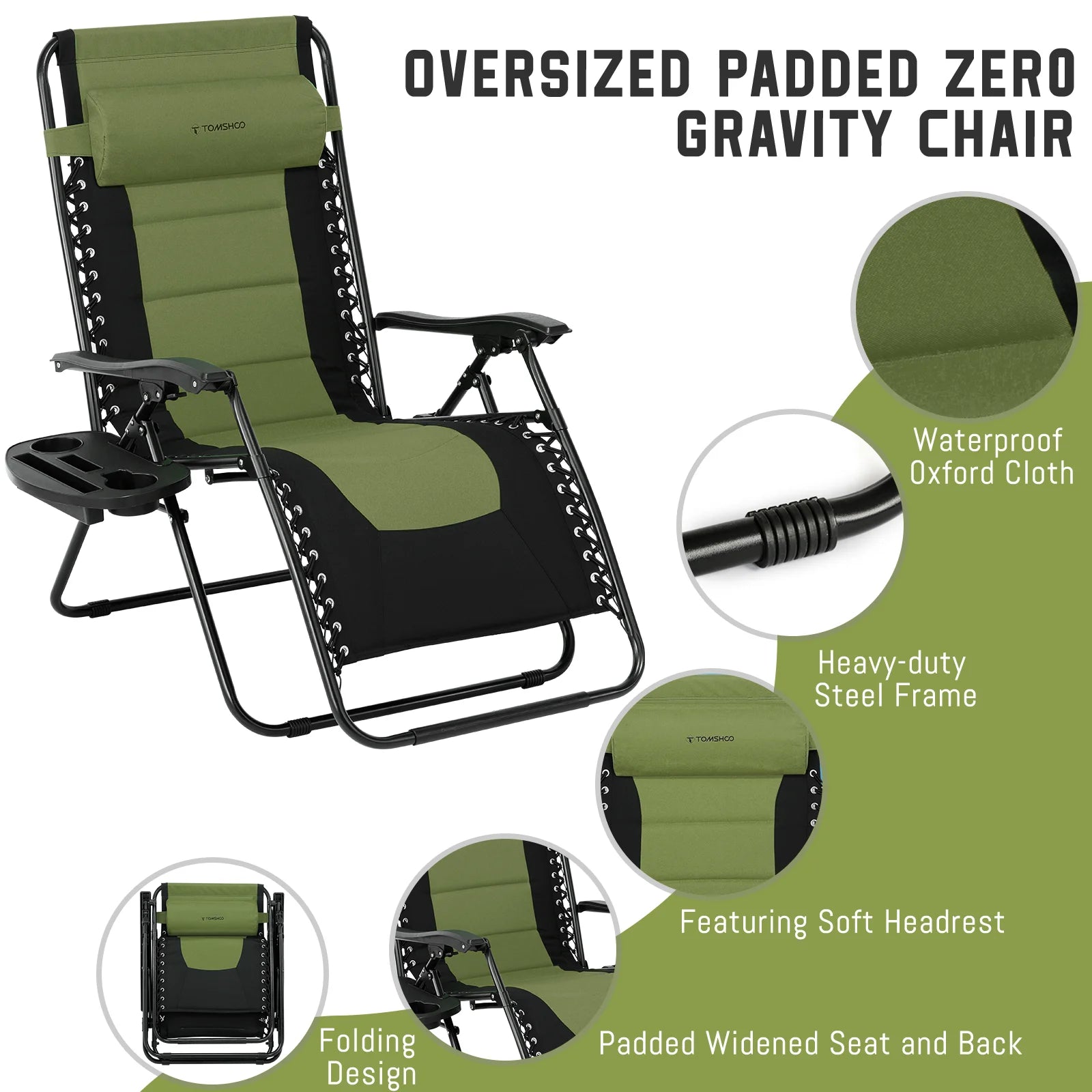 Lounge Chair Folding Waterproof Outdoor Chair Oxford Cloth Padded Adjustable Patio Recliner with Headrest and Detachable Side Holder - Wild Paw Outdoors