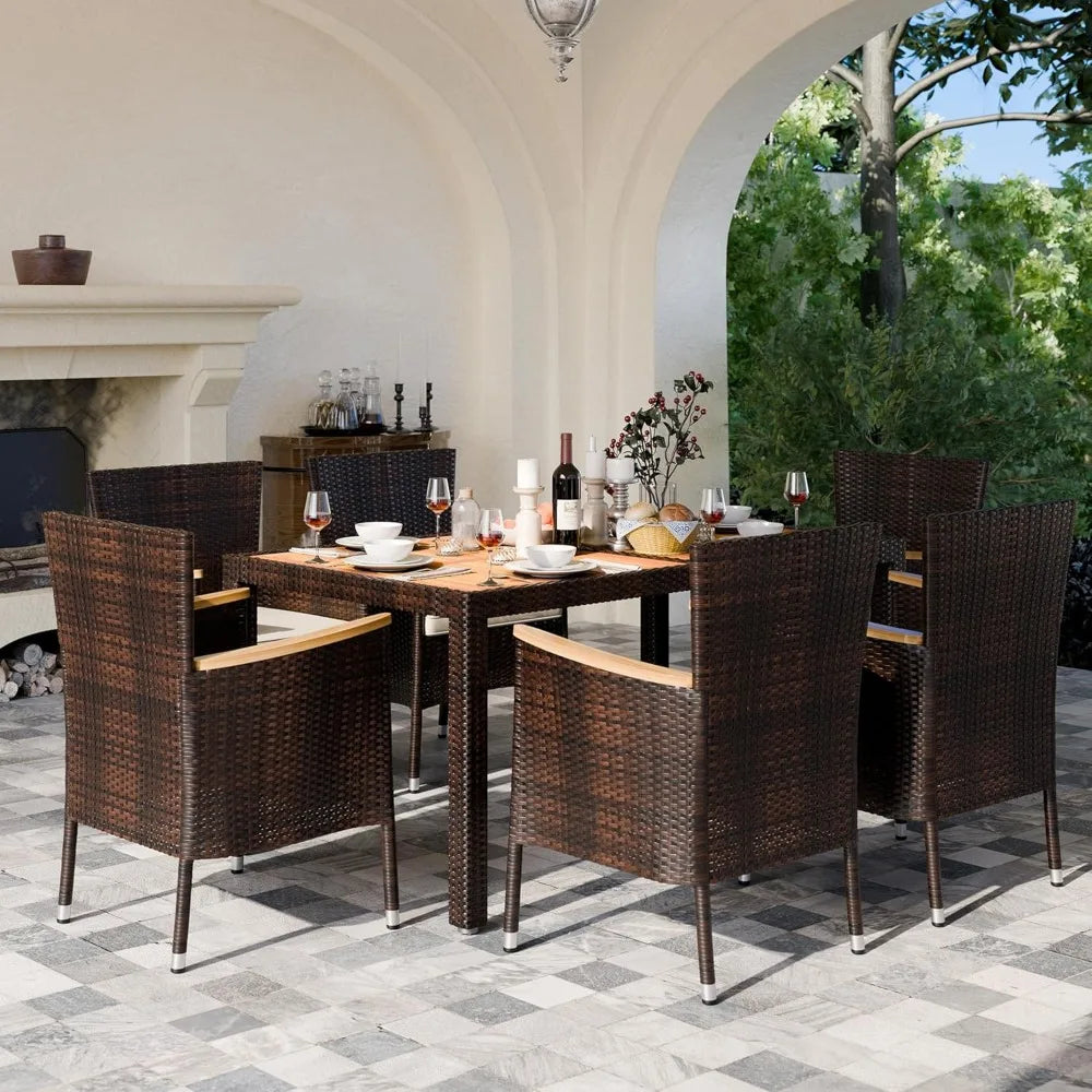 Wicker Patio Furniture Set with Acacia Wood Table and Six Chairs with Soft Cushions for Outdoor Dining Garden Set - Wild Paw Outdoors