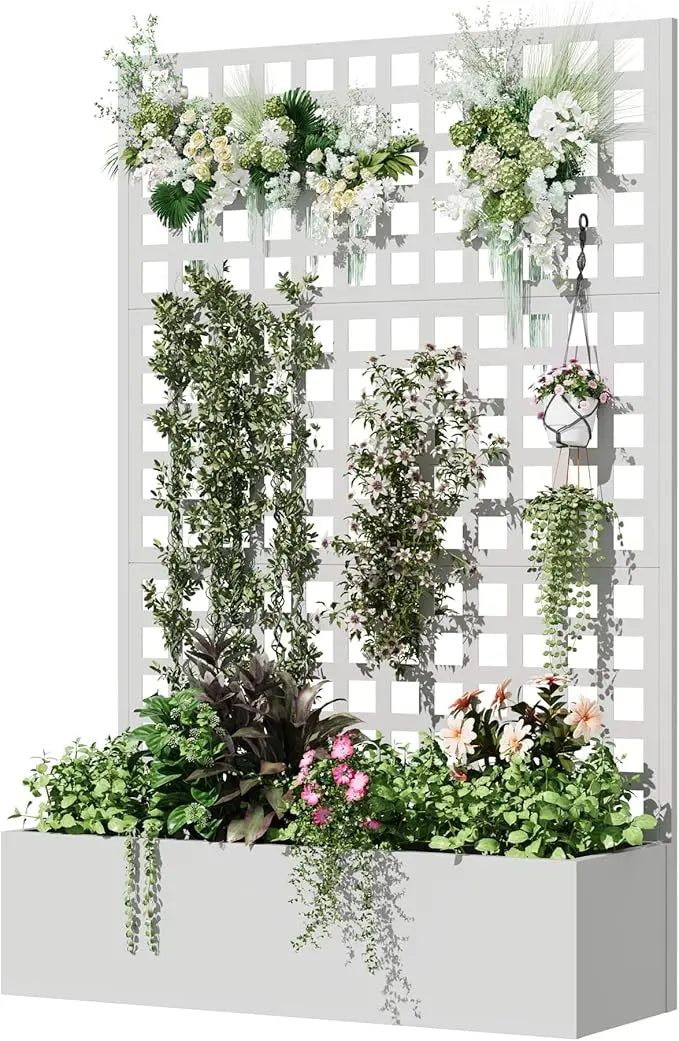 Metal Planter Box with Trellis 71 Inch by 47 Inch by 16 Inch Raised Garden Bed with Privacy Screen and Drainage Hole - Wild Paw Outdoors