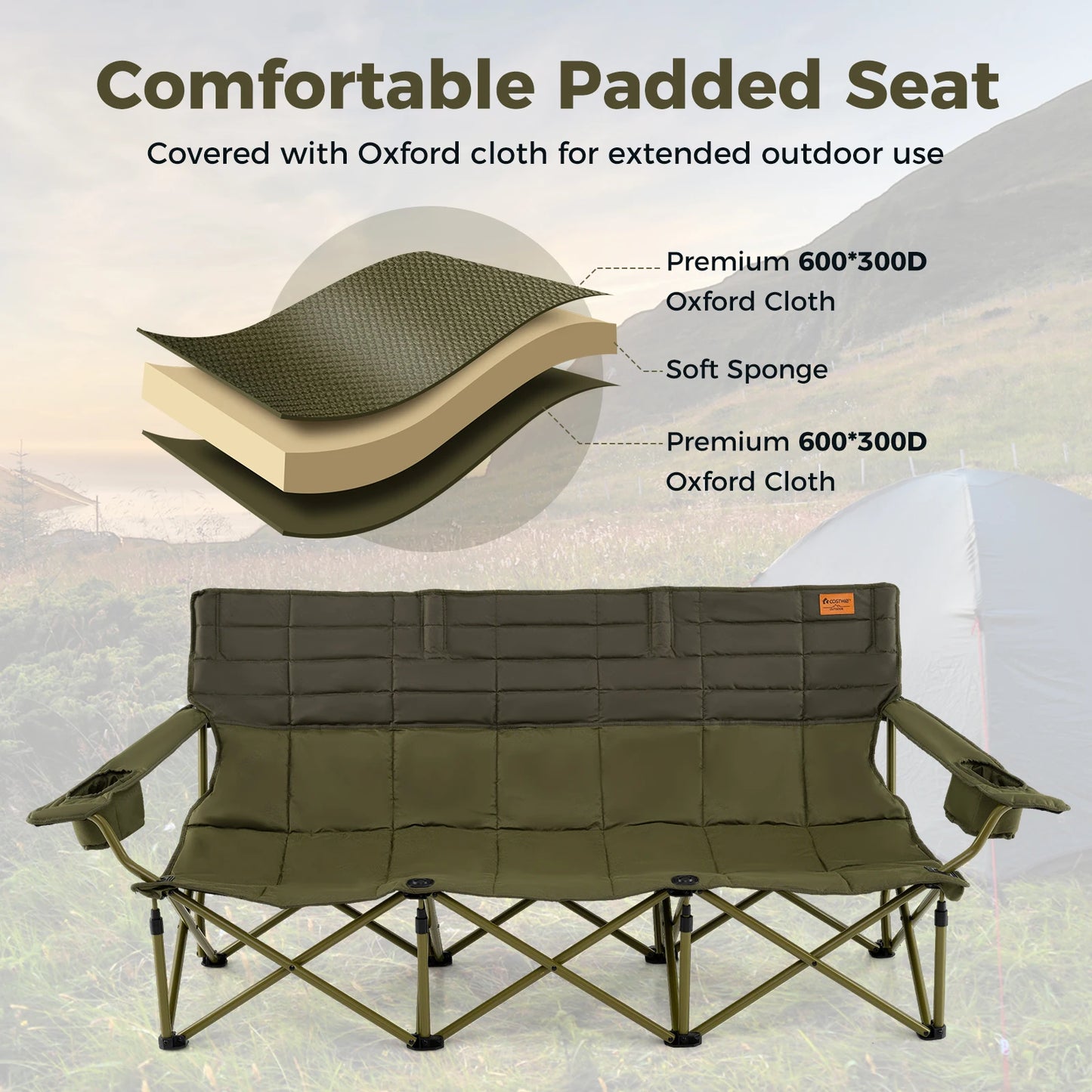3 Person Folding Camping Chair Heavy-Duty Camp Couch with 2 Cup Holders Padding - Wild Paw Outdoors