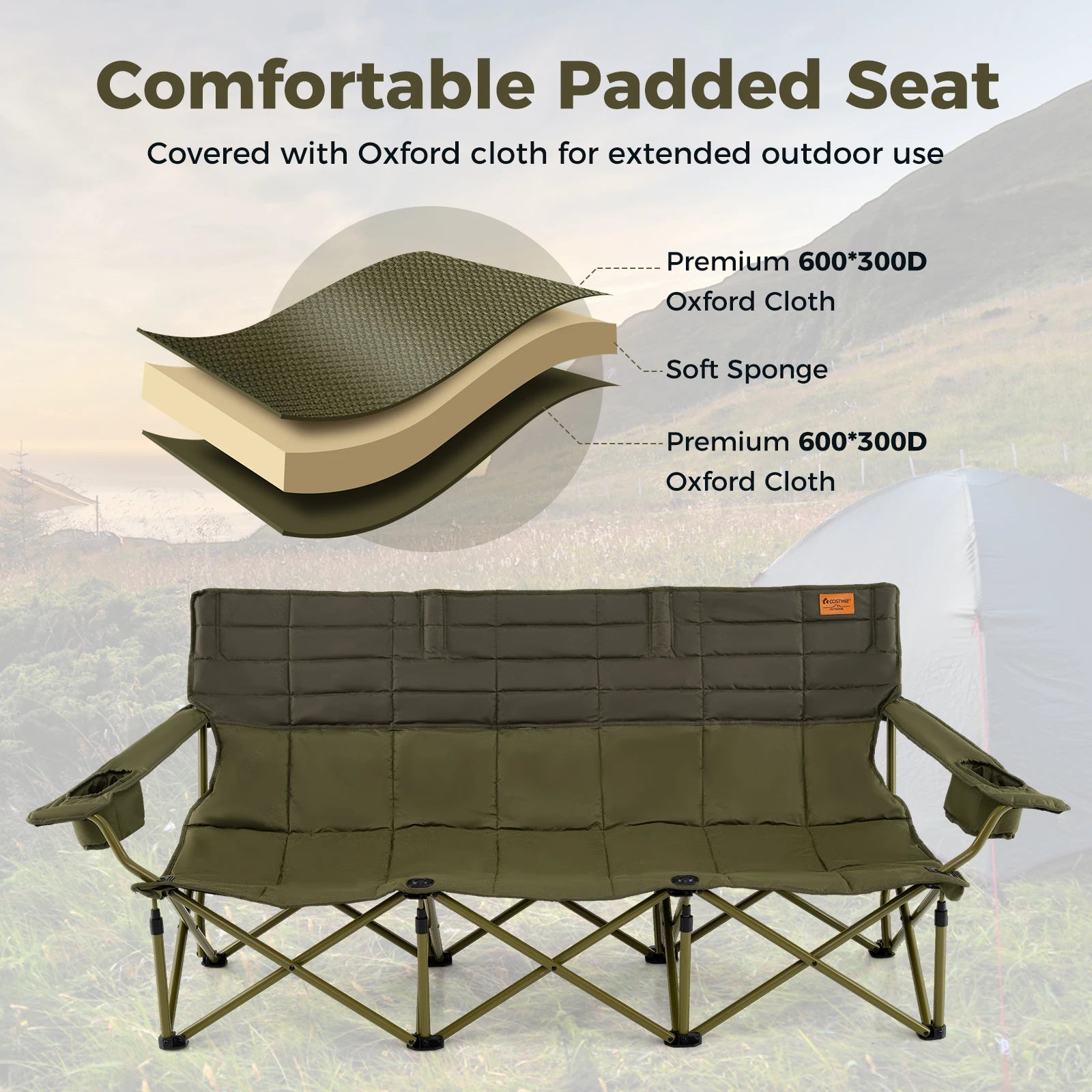 3 Person Folding Camping Chair Heavy-Duty Camp Couch with 2 Cup Holders Padding - Wild Paw Outdoors