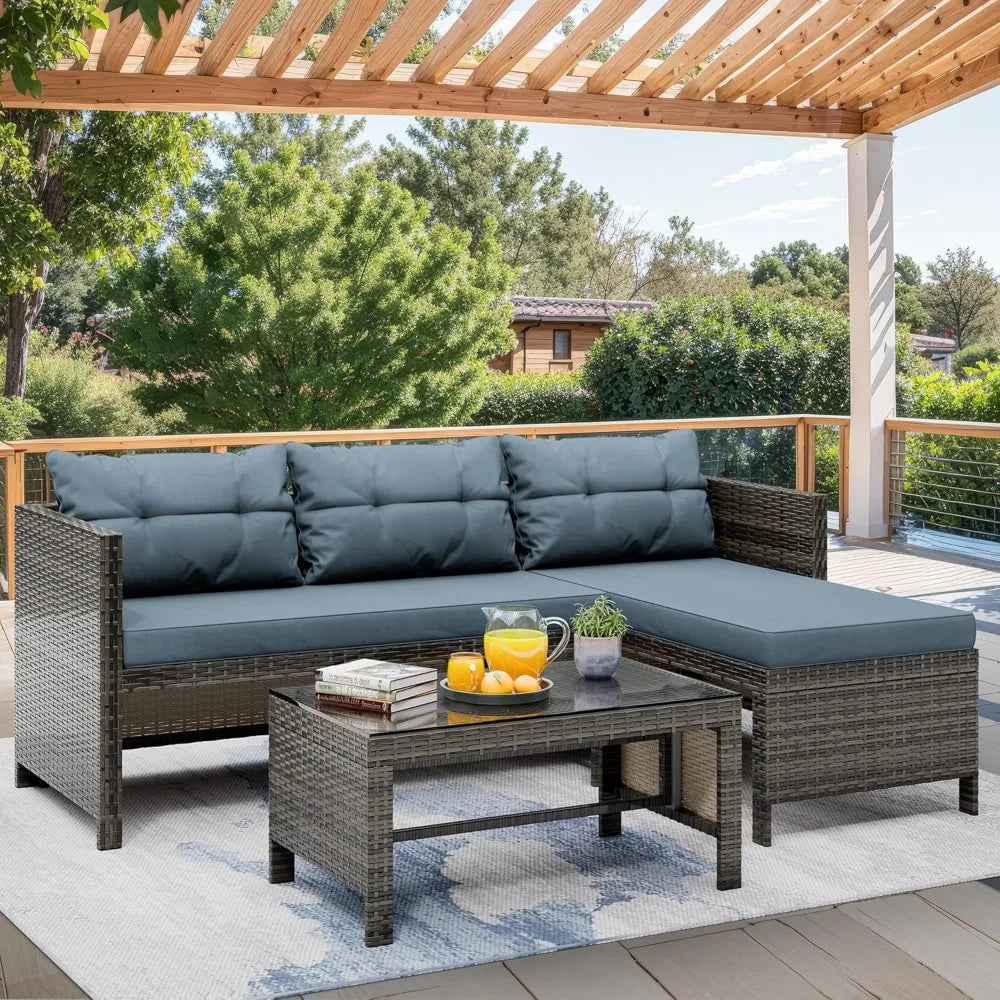 Outdoor Patio Furniture 3 Piece Waterproof Outdoor Sectional Sofa All Weather L Shaped Patio Couch with Cushion Glass Table - Wild Paw Outdoors