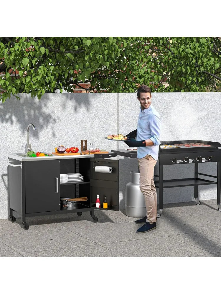 Outdoor Grill Table with Sink Metal Grill Cart Outdoor Kitchen Island with Stainless Steel Sink 57 Inch by 21.65 Inch - Wild Paw Outdoors