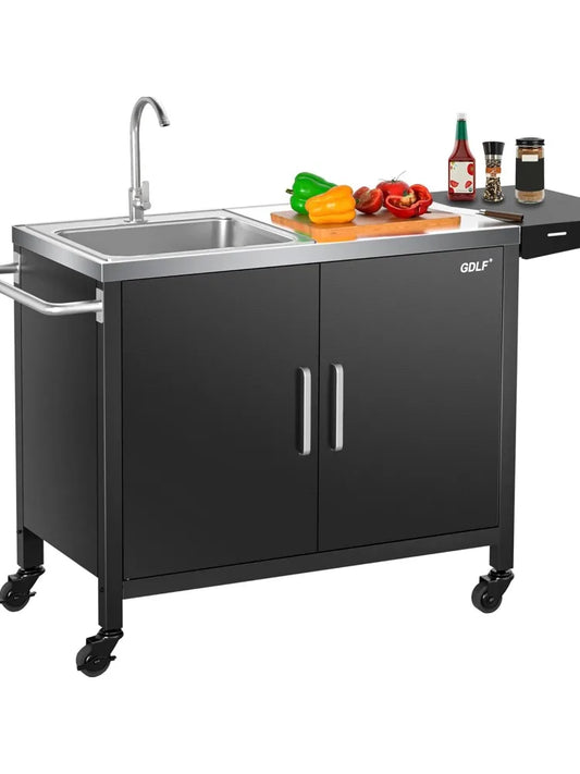 Outdoor Grill Table with Sink Metal Grill Cart Outdoor Kitchen Island with Stainless Steel Sink 57 Inch by 21.65 Inch - Wild Paw Outdoors