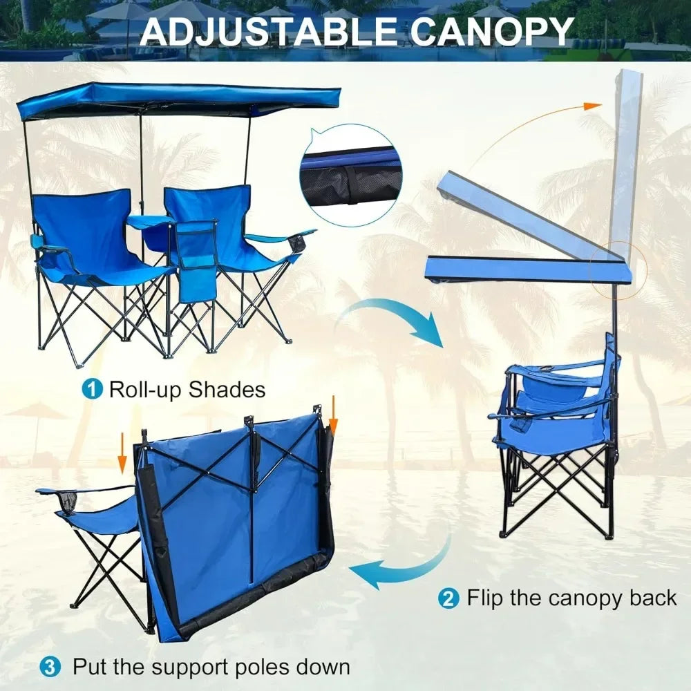 Double Camping Chair With Canopy Shade Beach Chairs With Cup Holder Heavy Duty Folding for Outside Lawn Patio Chaise De Plage - Wild Paw Outdoors