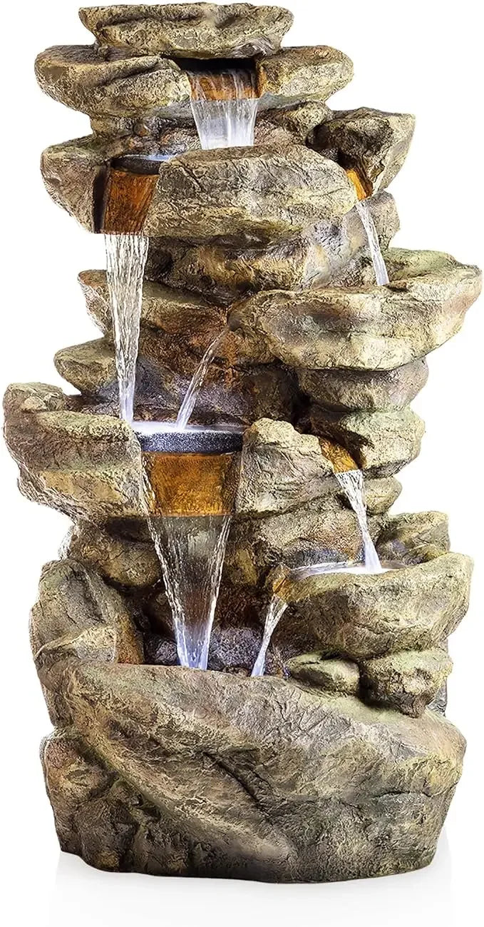 51 Inch Outdoor Six Story Fountain with LED Lights and Natural Stone Appearance for Gardens and Rock Waterfall Fountains - Wild Paw Outdoors