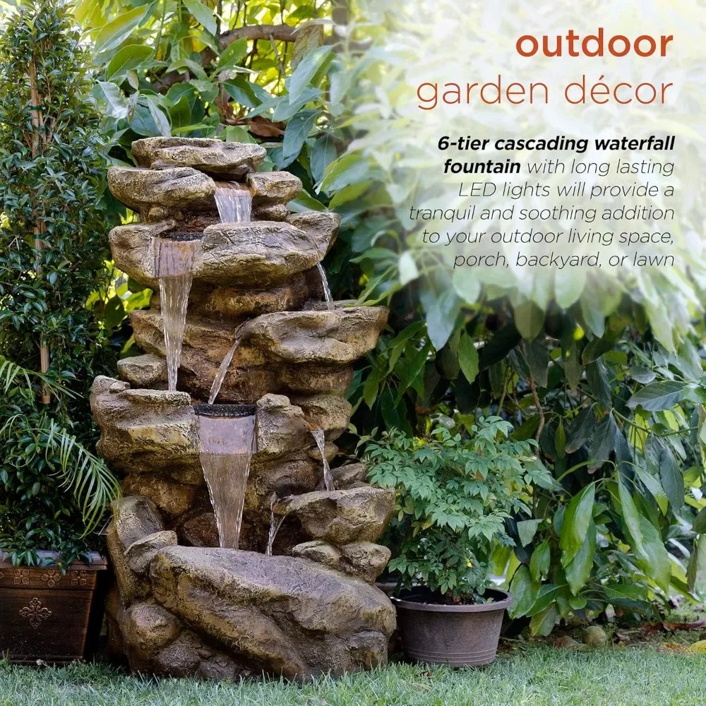 51 Inch Outdoor Six Story Fountain with LED Lights and Natural Stone Appearance for Gardens and Rock Waterfall Fountains - Wild Paw Outdoors
