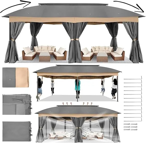 Gazebo 12x20 with Improved Cold Proof Curtains Heavy Duty Double Roof Winter Gazebo Clearance - Wild Paw Outdoors