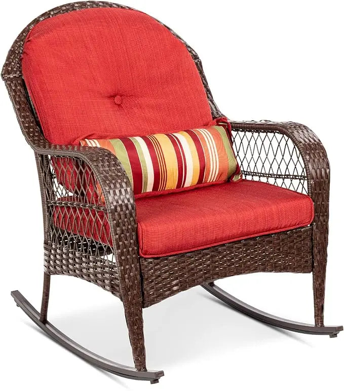 Outdoor Wicker Patio Rocking Chair for Porch Deck Poolside with Steel Frame and Weather-Resistant Cushions in Red - Wild Paw Outdoors