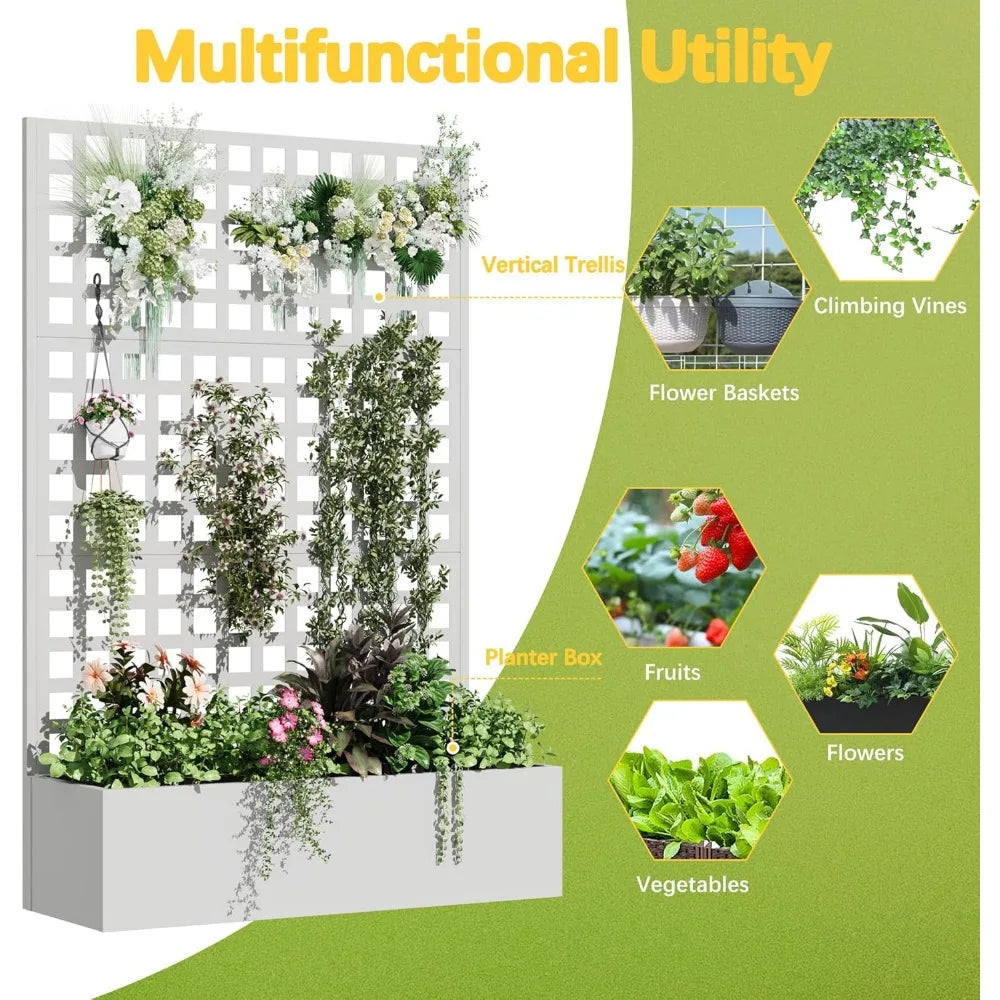 Metal Planter Box with Trellis 71 Inch by 47 Inch by 16 Inch Raised Garden Bed with Privacy Screen and Drainage Hole - Wild Paw Outdoors