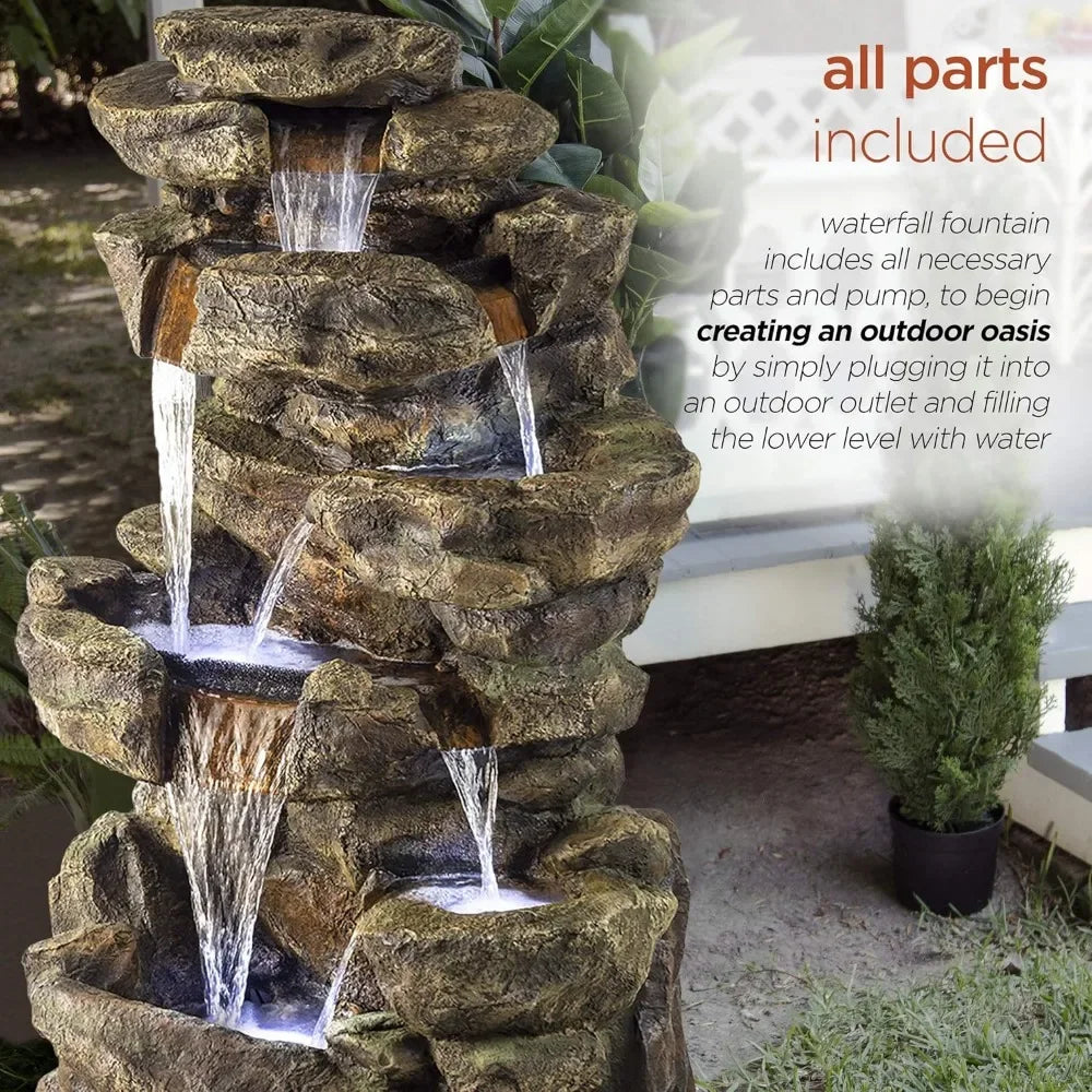 51 Inch Outdoor Six Story Fountain with LED Lights and Natural Stone Appearance for Gardens and Rock Waterfall Fountains - Wild Paw Outdoors