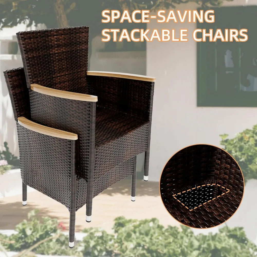 Wicker Patio Furniture Set with Acacia Wood Table and Six Chairs with Soft Cushions for Outdoor Dining Garden Set - Wild Paw Outdoors