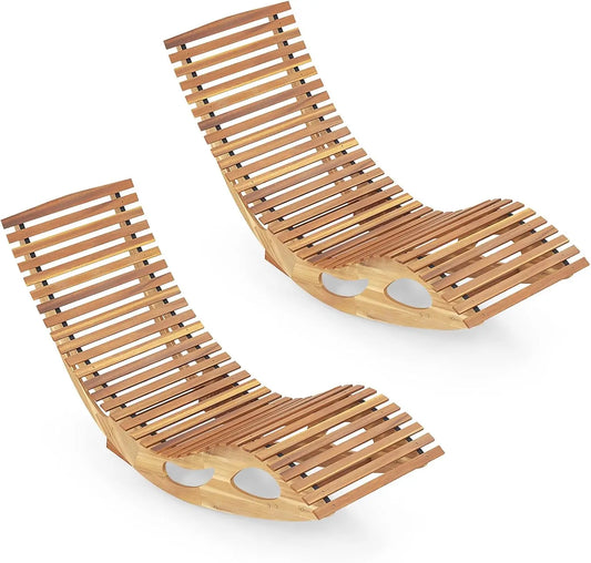 Outdoor Acacia Wood Chaise Lounge Chair Set of 2 Rocking Sun Lounger with Slatted Backrest and Seat - Wild Paw Outdoors
