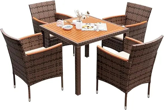Outdoor Patio Dining Set 9 Pieces Wicker Dining Table and Chairs with Acacia Wood Top and Widened Armrests - Wild Paw Outdoors