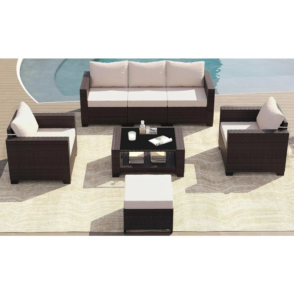 Patio Furniture Set 7 Pieces Wicker Outdoor Sectional Sofa with Ergonomic Armrests and Cushions - Wild Paw Outdoors