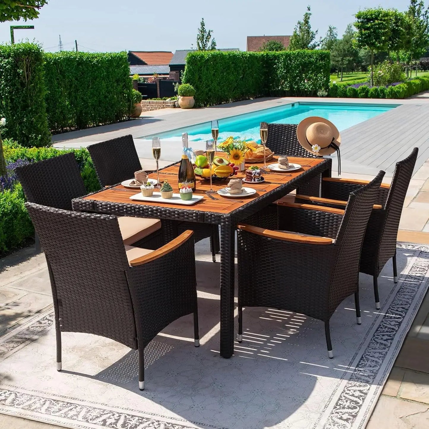 Outdoor Patio Dining Set 9 Pieces Wicker Dining Table and Chairs with Acacia Wood Top and Widened Armrests - Wild Paw Outdoors