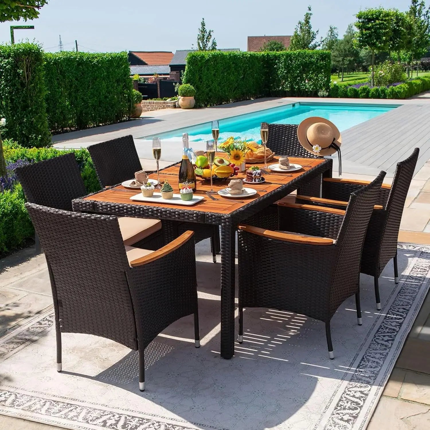 Outdoor Patio Dining Set 9 Pieces Wicker Dining Table and Chairs with Acacia Wood Top and Widened Armrests - Wild Paw Outdoors