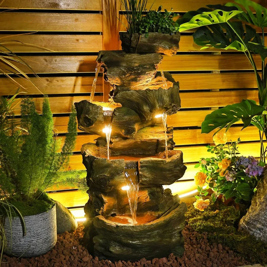40.5 Inch Outdoor Garden Water Fountain 5 Tier Large Cascading Rock Waterfall Resin Imitation Wood with Adjustable Pump and Built-In Lighting - Wild Paw Outdoors