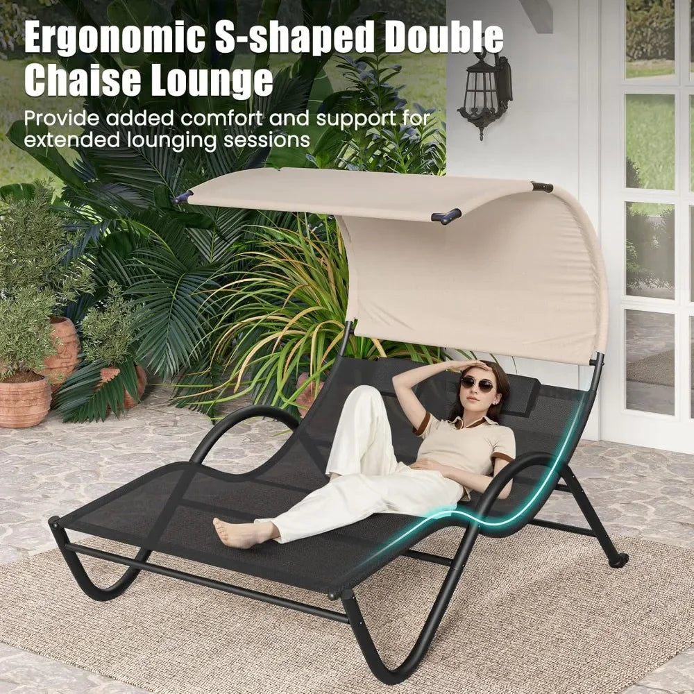 2 Person Lounge Chair with Canopy Outdoor Chaise Lounge with 2 Detachable Pillows UPF50 Plus Large Double Patio Hammock Sunbed Chair - Wild Paw Outdoors