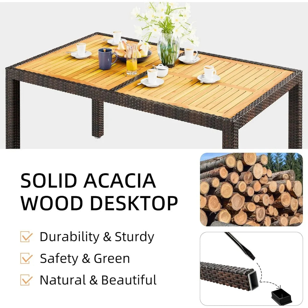 Wicker Patio Furniture Set with Acacia Wood Table and Six Chairs with Soft Cushions for Outdoor Dining Garden Set - Wild Paw Outdoors