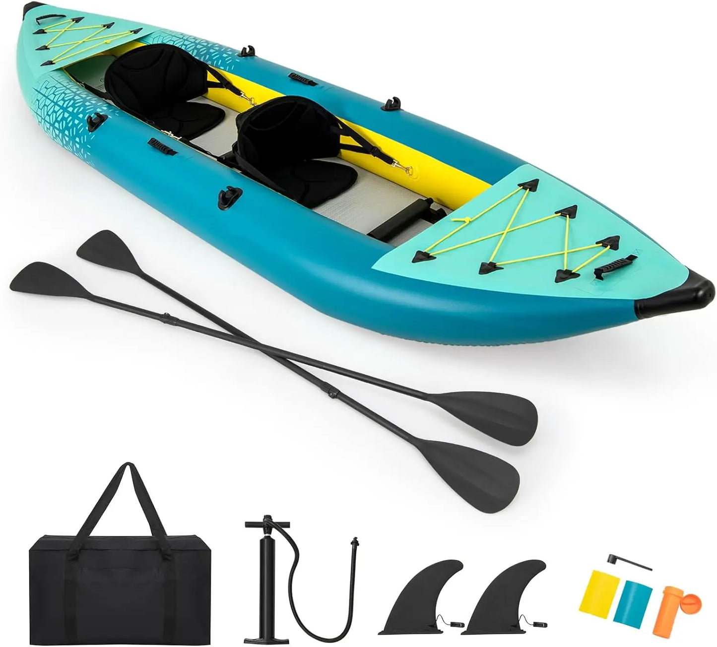 Inflatable Kayak for 2 People with 507 Pounds Capacity Drop-Stitch Floor All Accessories and Carry Bag 12.5 Feet Large Sit - Wild Paw Outdoors