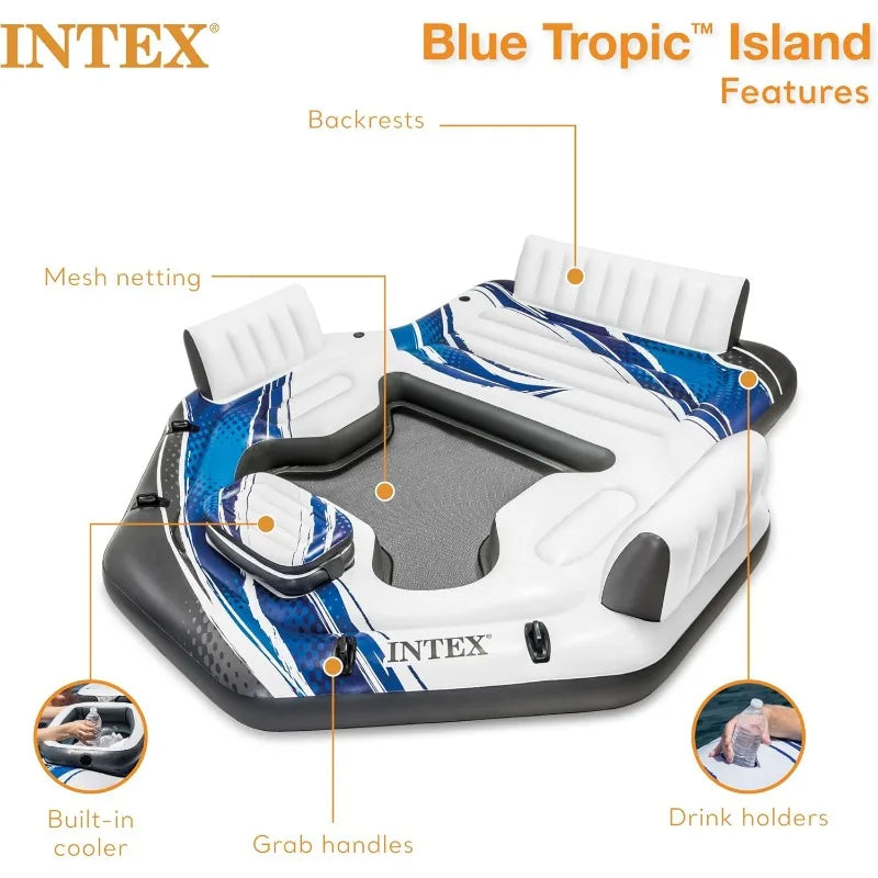 Intex Blue Tropic Inflatable 5 Person Raft Swimming Pool Island Water Lounger with Backrests and Built in Cooler - Wild Paw Outdoors