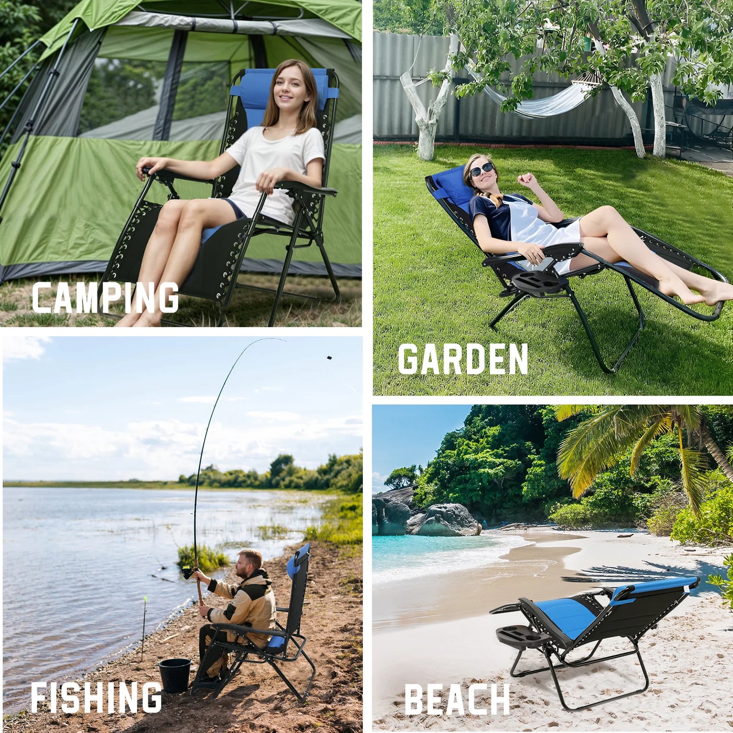 Lounge Chair Folding Waterproof Outdoor Chair Oxford Cloth Padded Adjustable Patio Recliner with Headrest and Detachable Side Holder - Wild Paw Outdoors