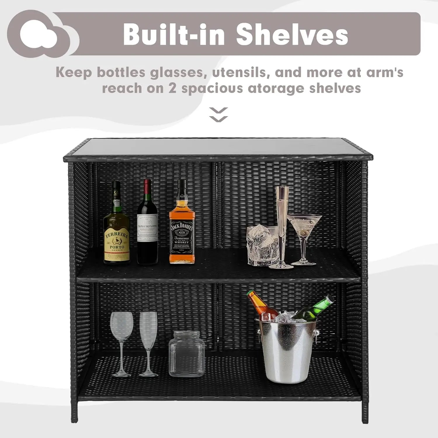 3 Piece Wicker Patio Outdoor Bar Set with 2 Stools and 1 Glass Top Table for Deck Lawn and Backyard - Wild Paw Outdoors