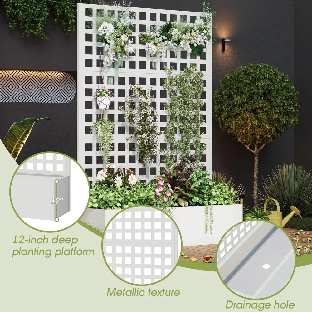 Metal Planter Box with Trellis 71 Inch by 47 Inch by 16 Inch Raised Garden Bed with Privacy Screen and Drainage Hole - Wild Paw Outdoors