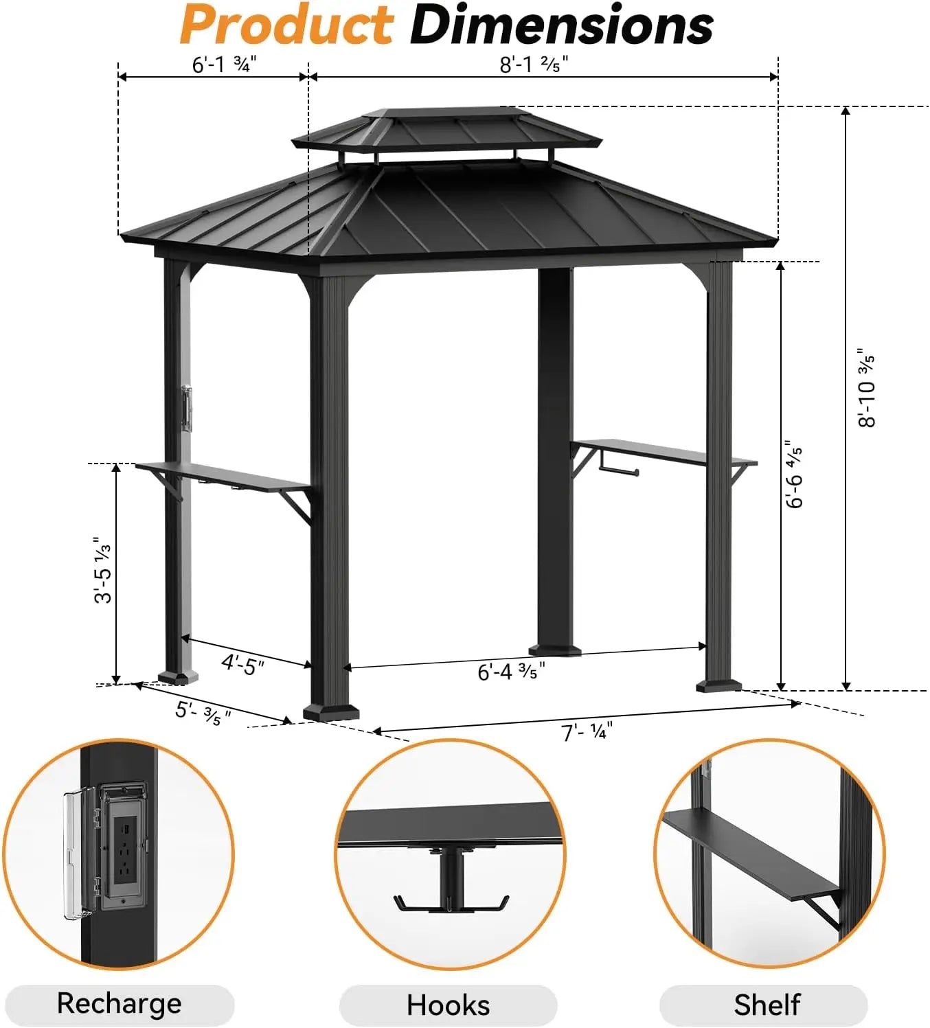 6 Foot by 8 Foot Aluminum BBQ Gazebo with Shelves and Ceiling Hook Hardtop Grill Canopy with Galvanized Steel Roof Outdoor Grill Shelter - Wild Paw Outdoors