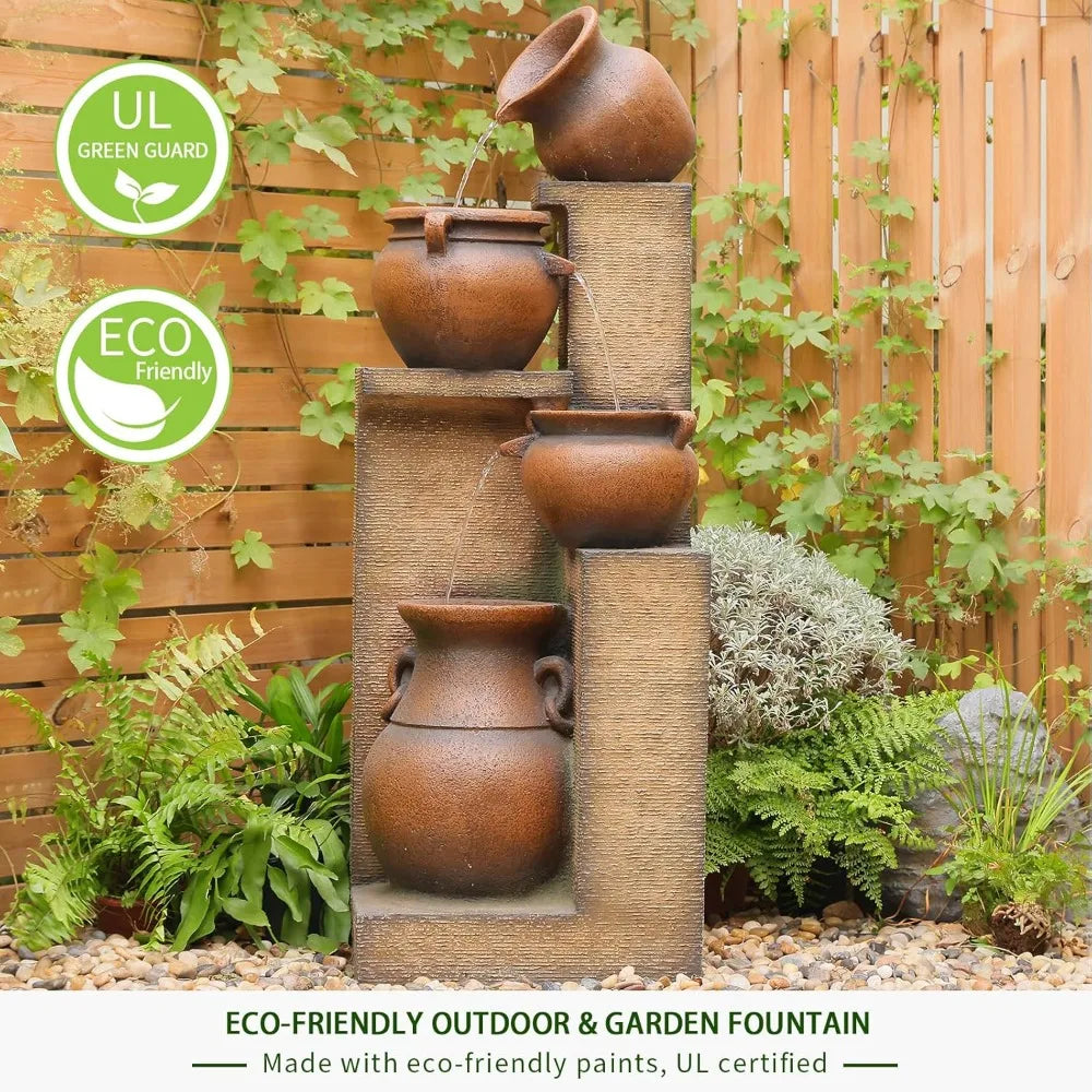 53 Inch Tall Large Outdoor Fountain with Lights 4 Storey Waterfall Fountain Standalone Outdoor Water Feature - Wild Paw Outdoors