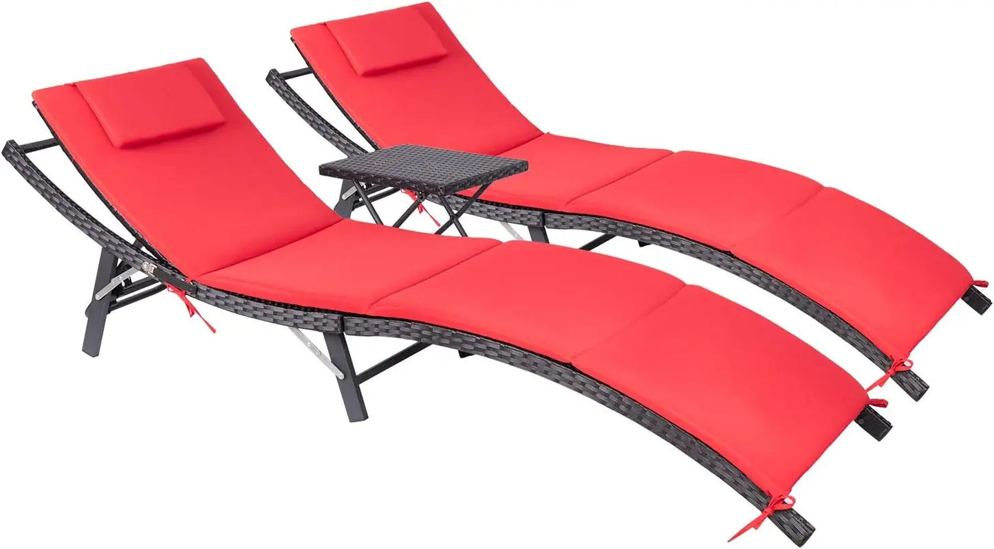 Patio Chaise Lounge Set Outdoor Rattan Adjustable Back Cushioned Folding Lounger with Table - Wild Paw Outdoors