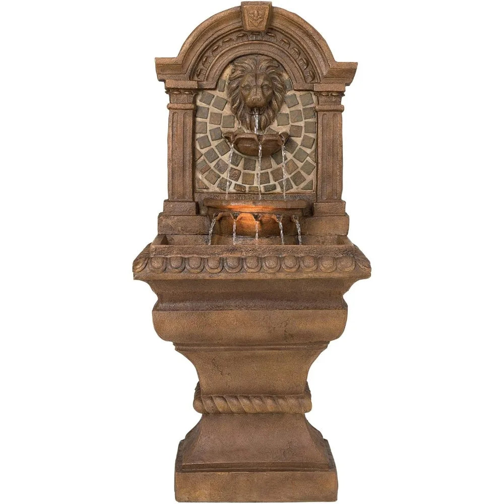 51 Inch High LED Light Floor Fountain Royal Lion Head Outdoor 3 Story Garden Courtyard Backyard Fountain - Wild Paw Outdoors