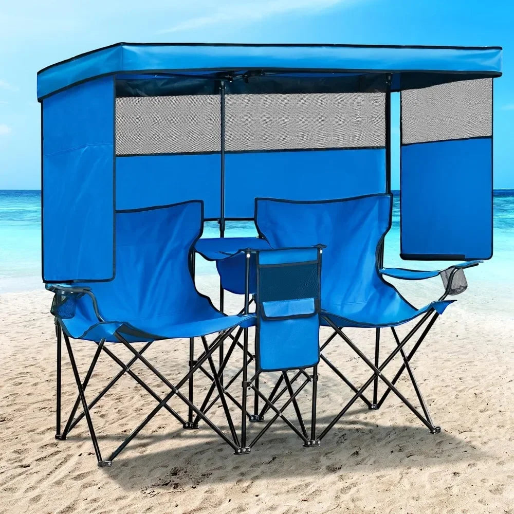 Double Camping Chair With Canopy Shade Beach Chairs With Cup Holder Heavy Duty Folding for Outside Lawn Patio Chaise De Plage - Wild Paw Outdoors