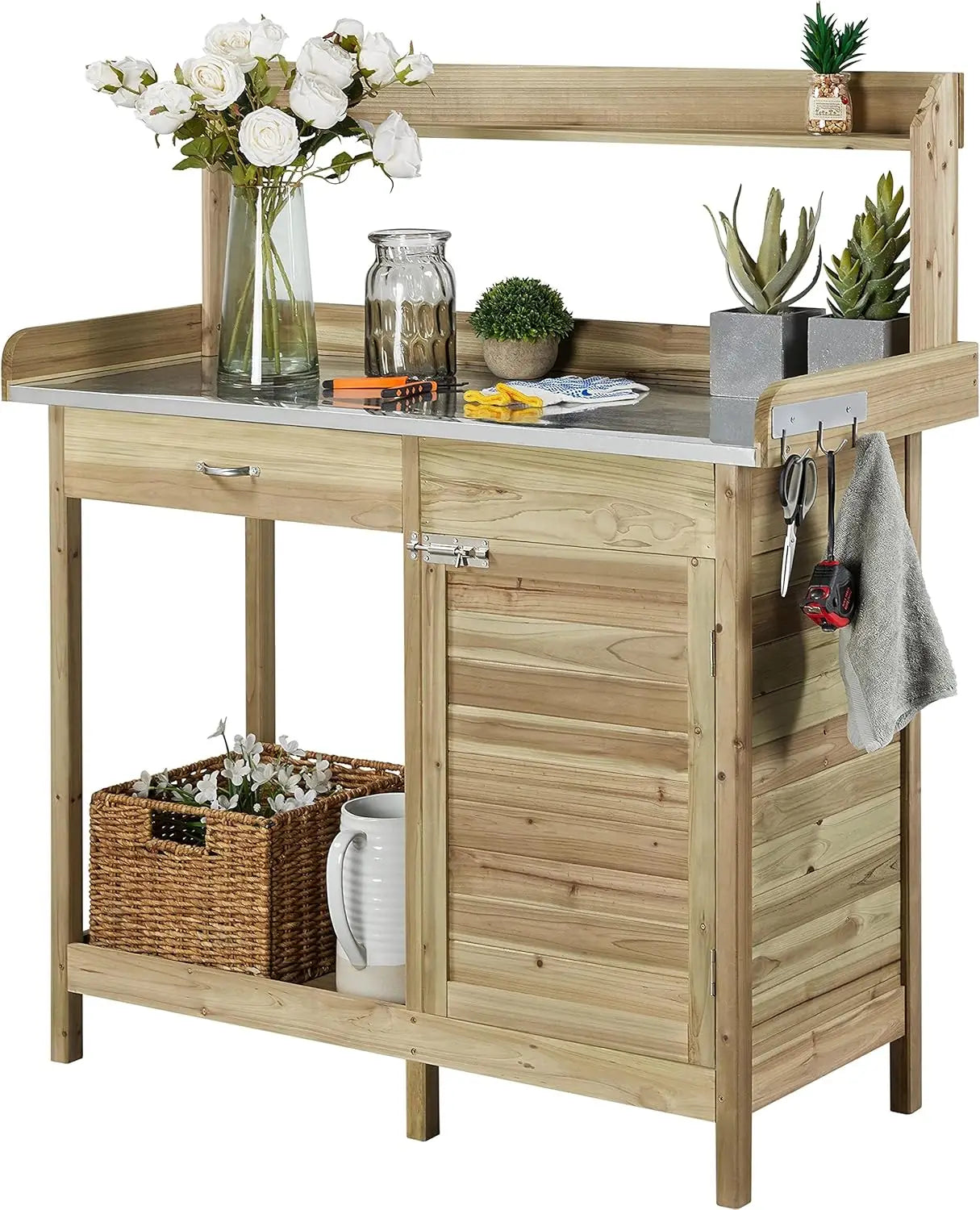 Outdoor Potting Bench Table Work Station Garden Planting Table with Cabinet Drawer Top Shelf and Lower Shelf - Wild Paw Outdoors