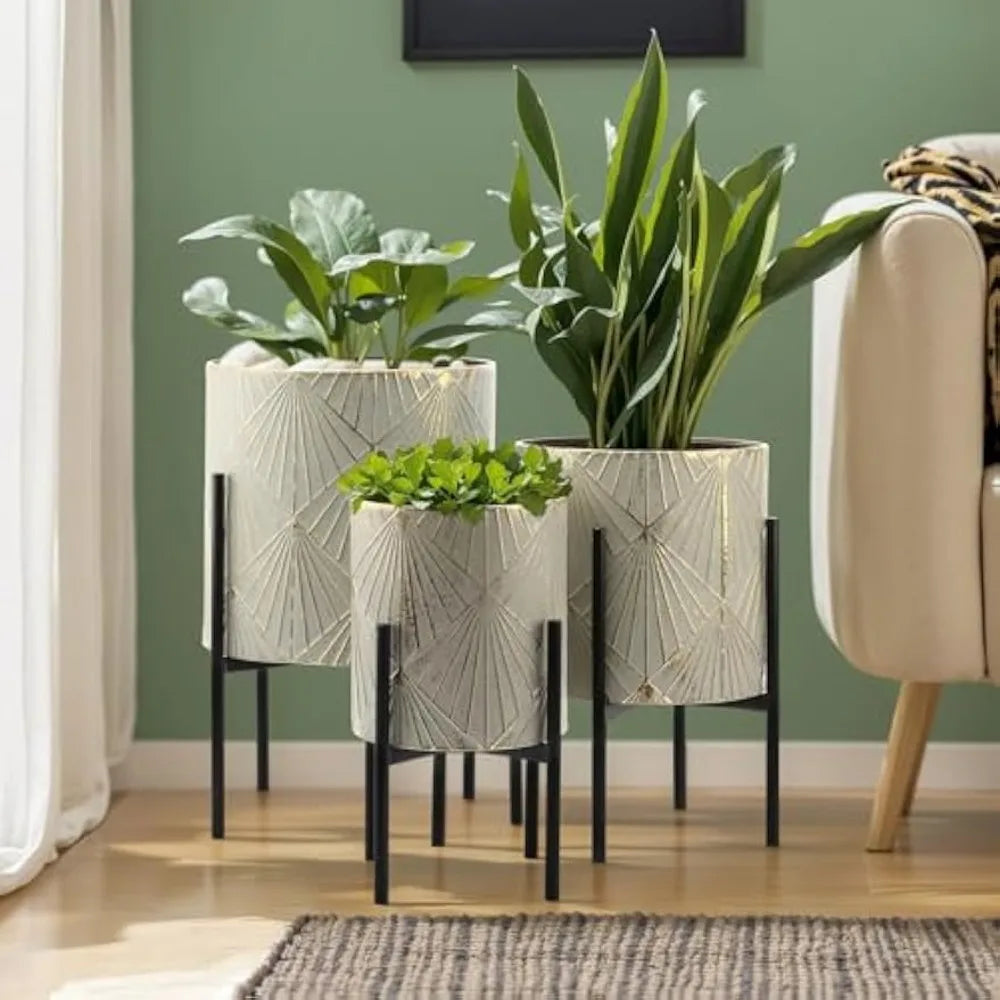 Planters for Indoor Plants Set of 3 Floor Plant Pots with Stands Modern Decorative Metal Flower Pots - Wild Paw Outdoors