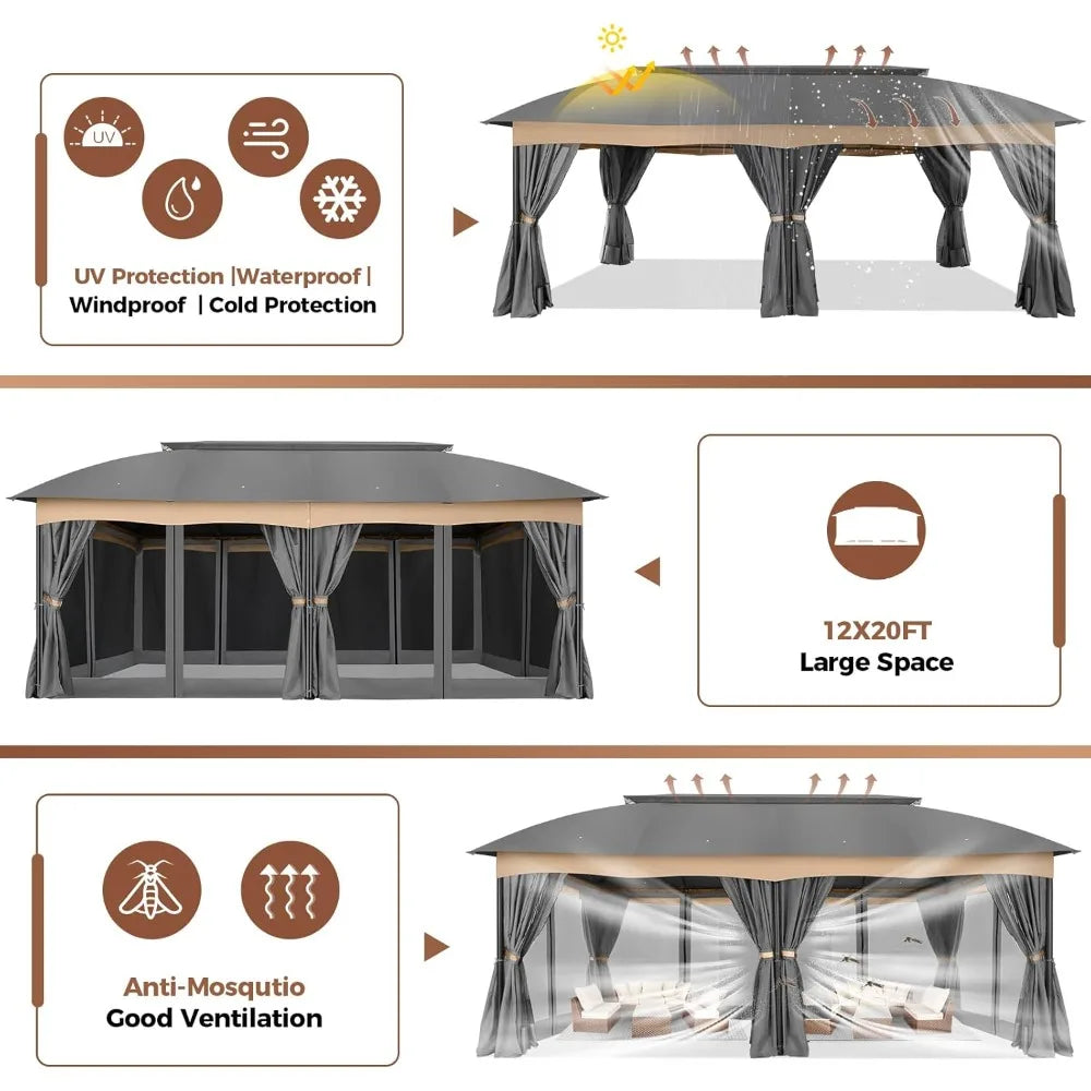 Gazebo 12x20 with Improved Cold Proof Curtains Heavy Duty Double Roof Winter Gazebo Clearance - Wild Paw Outdoors